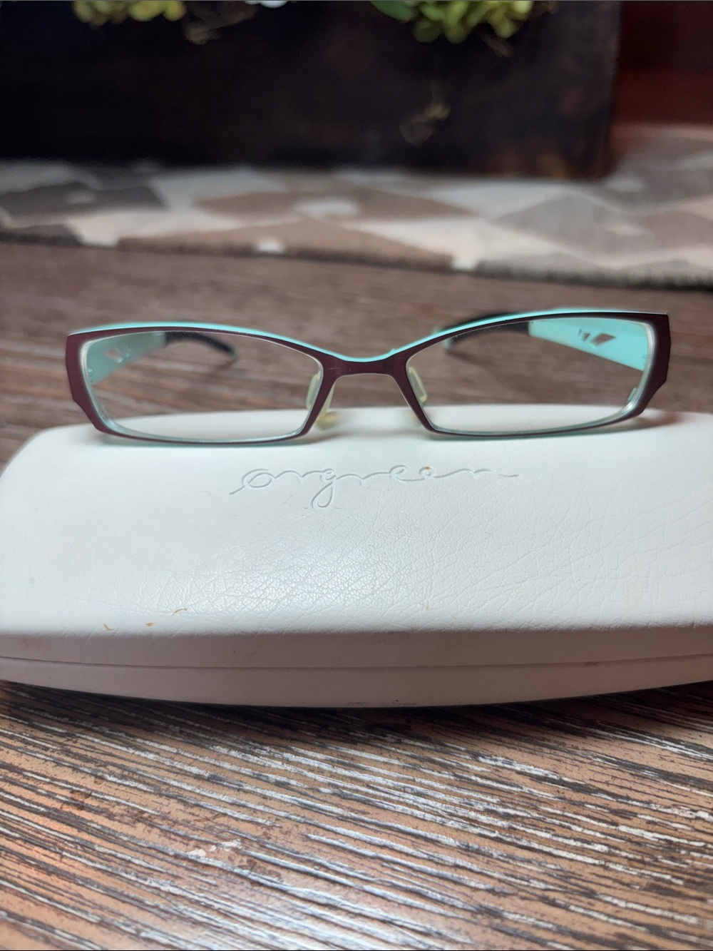 Orgreen “Hellcat” Titanium Two-Tone Burgandy and Mint Rectangle Eyeglass Frames